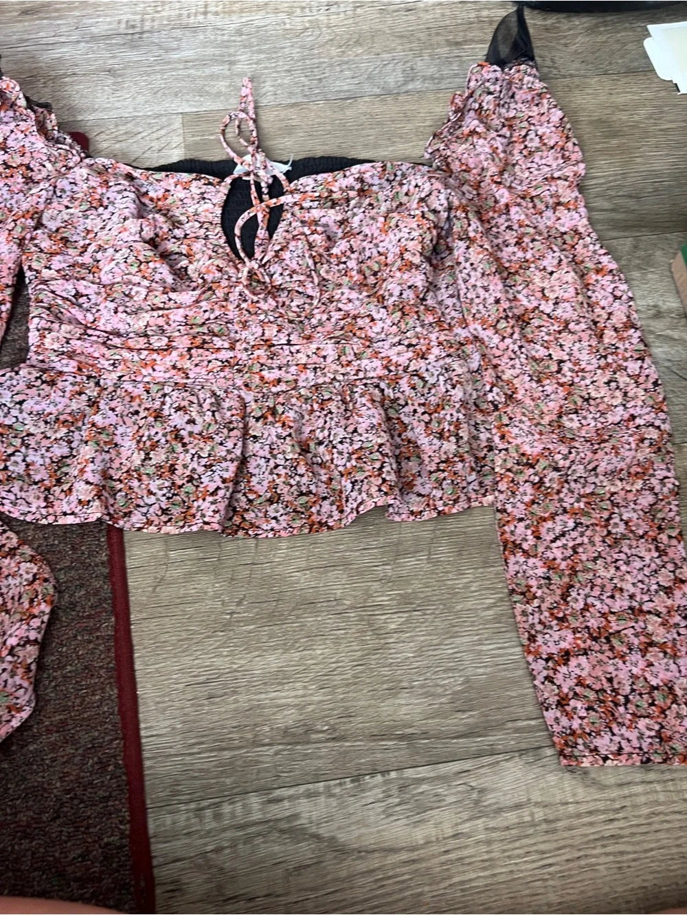 Astr Pink Floral Puff-Sleeve Smocked Peplum Blouse